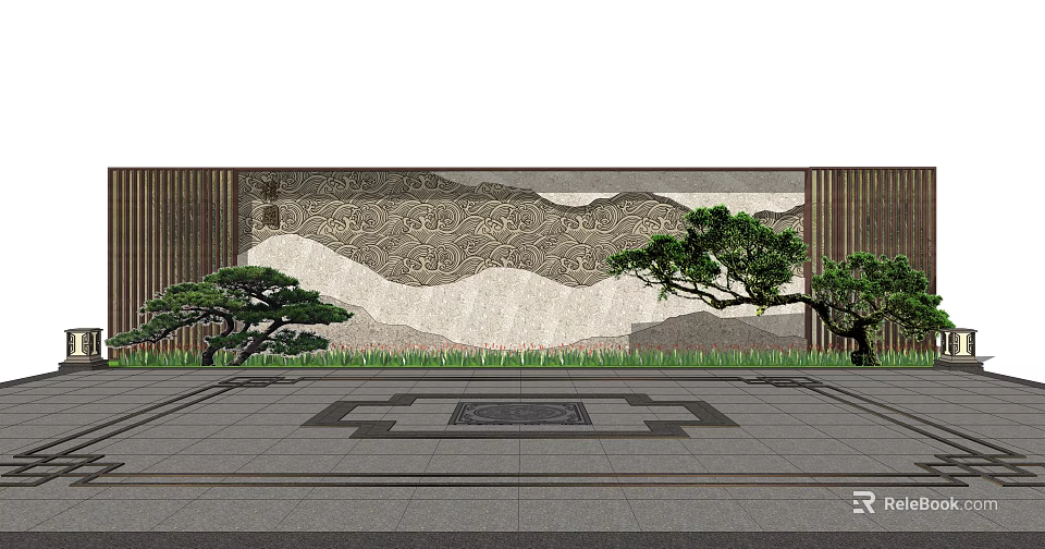 Traditional Feature Wall With Intricate Patterned Design Pine Trees And Geometric Stone Pavement 3d model 