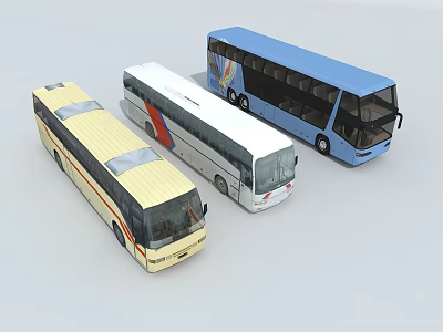 Three Different Colored Buses Yellow White and Blue Passenger Vehicle Models 3d model