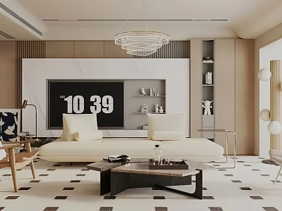 Modern Living Room Interior Design With White Sofa Large TV Coffee Table And Chandelier 3d model