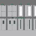 Various White Doors With Emergency Exit Signs And Different Panel Designs 3d model