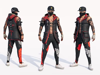 Game Movie Character In Black Red Outfit With Tattooed Arms Cap And White Pattern Pants 3d model