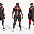 Game Movie Character In Black Red Outfit With Tattooed Arms Cap And White Pattern Pants