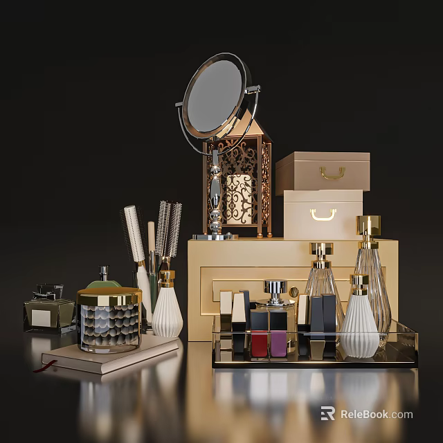 Elegant Perfume Cosmetics Display With Transparent Bottles Gold Lipsticks Makeup Brushes Decorative Lamp and Mirror 3d model 