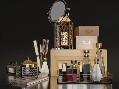 Elegant Perfume Cosmetics Display With Transparent Bottles Gold Lipsticks Makeup Brushes Decorative Lamp and Mirror 3d model