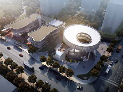 Modern School Building With Circular Structure Curved Roof Surrounded By Greenery Roads Pedestrians And Vehicles 3d model