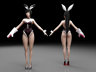 Woman In Bunny Costume With Ears Fishnet Stockings And High Heels Front Back View 3d model