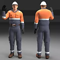 Man in Orange Gray Work Uniform With White Safety Helmet Waving Hand Front Back View