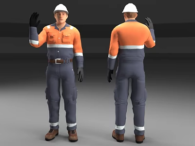 Man in Orange Gray Work Uniform With White Safety Helmet Waving Hand Front Back View 3d model