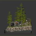 Wooden Cabin Nestled Among Tall Pine Trees On Rocky Shore With Clear Water