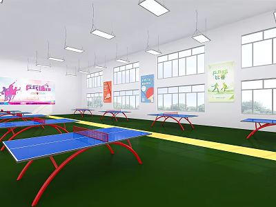 Indoor Table Tennis Fitness Room With Blue Tables Red Frames Green Floor And Windows 3d model