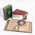 Open Vintage Book With Magnifying Glass And Stacked Colorful Antique Books
