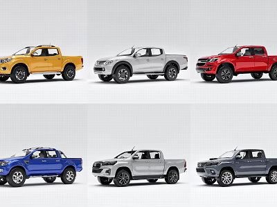Different Colored Pickup Trucks Showcasing Various Models In Yellow Red Blue And Silver 3d model