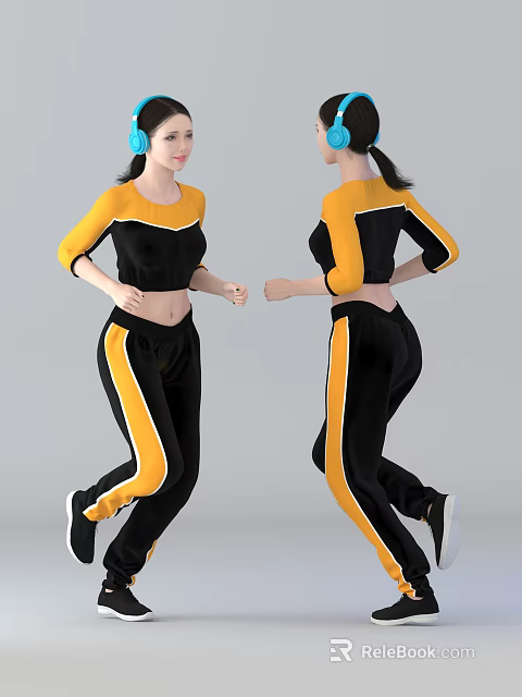 Woman In Black And Yellow Activewear Exercising With Front And Back Views 3d model 