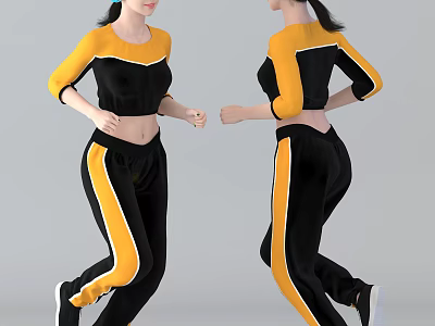 Woman In Black And Yellow Activewear Exercising With Front And Back Views 3d model