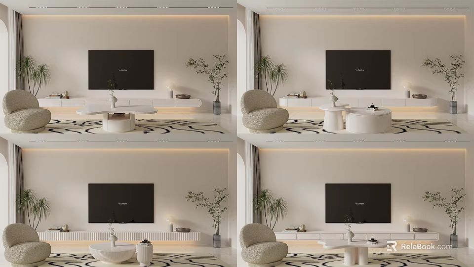 Modern TV Stand Interior With Flat Screen TV Potted Plants And Accent Chair 3d model 