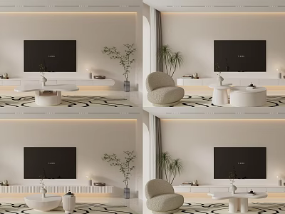 Modern TV Stand Interior With Flat Screen TV Potted Plants And Accent Chair 3d model