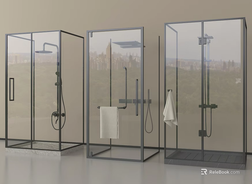 Modern Shower Enclosures With Overhead Handheld Shower Heads And Towels 3d model 