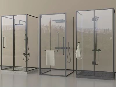 Modern Shower Enclosures With Overhead Handheld Shower Heads And Towels 3d model