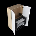 Modern Wooden Storage Cabinet Design With White Doors And Metal Shelves