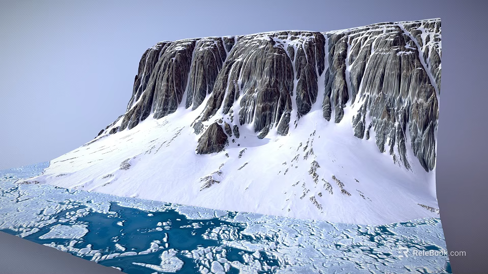 Snow Covered Steep Mountain Landscape With Blue Water And Floating Ice 3d model 