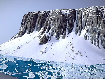 Snow Covered Steep Mountain Landscape With Blue Water And Floating Ice 3d model