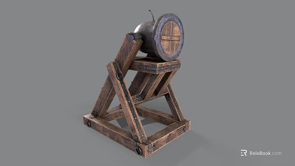 Medieval Wooden Siege Weapon With Triangular Support Frame And Circular Projectile Holder 3d model 