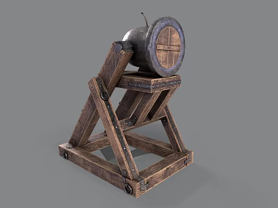 Medieval Wooden Siege Weapon With Triangular Support Frame And Circular Projectile Holder 3d model