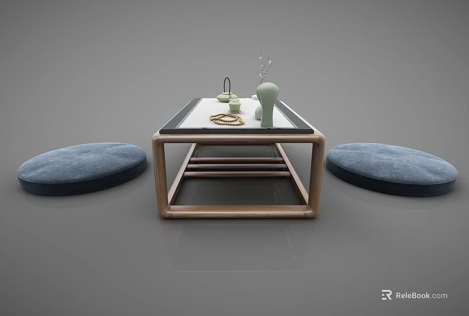 Modern Wooden Tea Table With Glass Top Blue Floor Cushions And Decorative Tea Set 3d model 