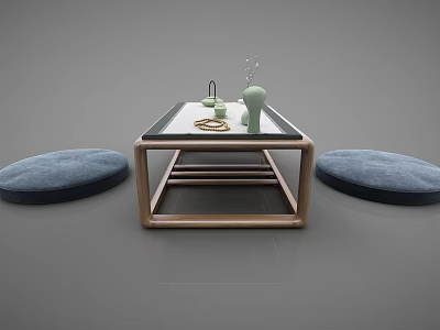 Modern Wooden Tea Table With Glass Top Blue Floor Cushions And Decorative Tea Set 3d model