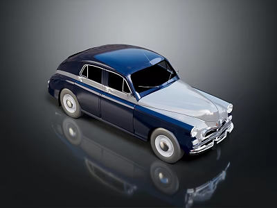 Vintage Navy Blue And Silver Classic Car Model With Shiny Surface Reflection 3d model