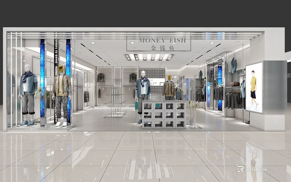 Bright Clothing Store Interior With Mannequins Clothes Racks And Modern Lighting 3d model 