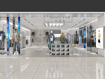 Bright Clothing Store Interior With Mannequins Clothes Racks And Modern Lighting 3d model