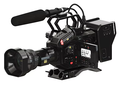 Professional Digital Video Camera With Large Lens And External Microphone 3d model