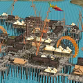 Scenic Garden Landscape with Stilt Houses Sailing Ships Crane and Fish Sculpture