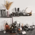 Organized Bath and Daily Essentials with Shampoo Bottles Combs Mirrors on White Tiled Wall Shelf