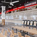 Spacious Cafeteria Interior With Long Tables Chairs And Red Decorative Banners 3d model