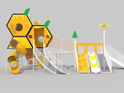 Colorful Honeycomb Shaped Playground Equipment With Slides Climbing Net And Tree Decorations 3d model