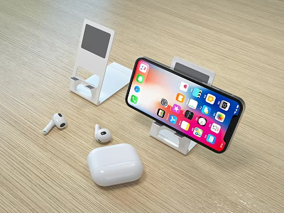 Smartphone On Charging Stand With Wireless Earbuds And Case On Wooden Table 3d model