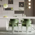 Modern Dining Room Featuring White Table Green Chairs Pendant Lights Decorative Paintings And Bookshelves