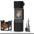 Modern Black Fireplace with Glass Door Burning Flames Wooden Log Holder and Tools