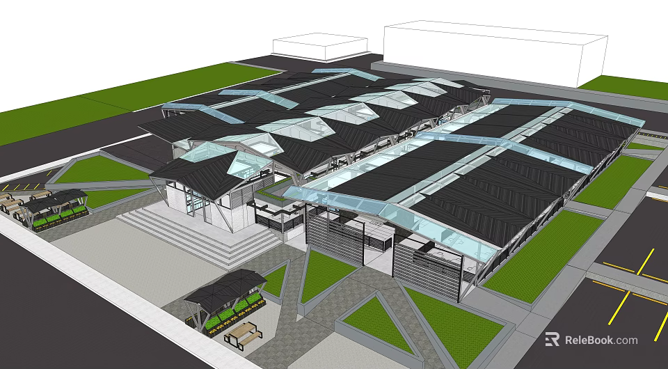 Modern Commercial Complex With Glass Skylight Roof Green Spaces Walkways Entrance Steps And Seating Areas 3d model 
