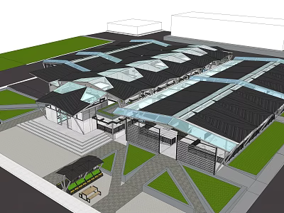 Modern Commercial Complex With Glass Skylight Roof Green Spaces Walkways Entrance Steps And Seating Areas 3d model