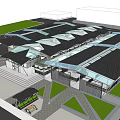 Modern Commercial Complex With Glass Skylight Roof Green Spaces Walkways Entrance Steps And Seating Areas