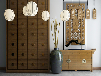 Chinese-style Entrance Cabinet End View Cabinet model