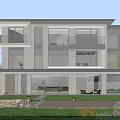 Modern Detached Villa Exterior With Large Glass Windows Balconies And Garden Outdoor Seating