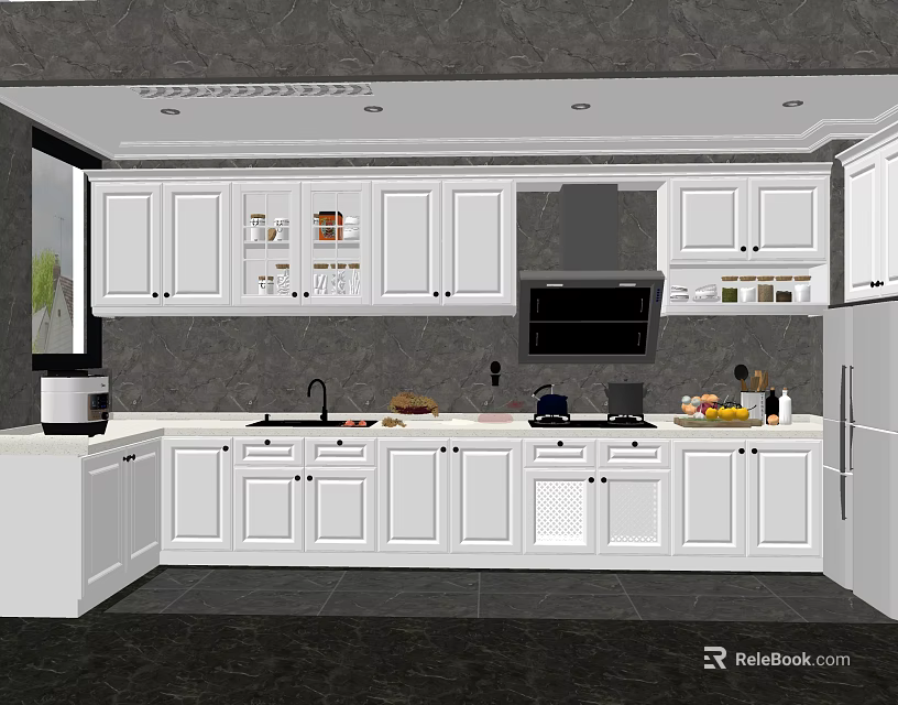 Modern Kitchen Interior Design With White Cabinets Countertop And Appliances 3d model 