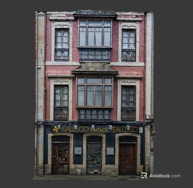 Cartoon Style Vintage Building Scene with Shop Sign Windows and Wooden Doors 3d model 