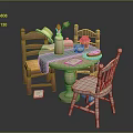 Wooden Dining Table Set With Round Top Mixed Color Chairs Vase Tulips And Tableware