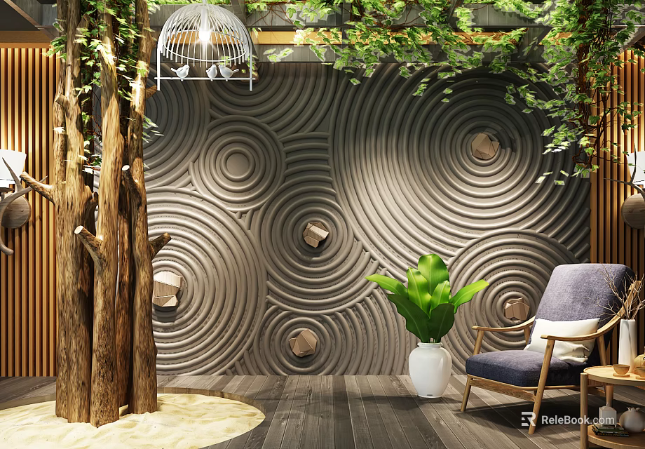 Textured Spiral Pattern Background Wall With Green Plants Wooden Decor And Gray Armchair 3d model 