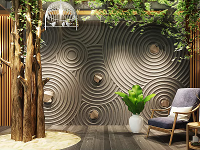 Textured Spiral Pattern Background Wall With Green Plants Wooden Decor And Gray Armchair 3d model
